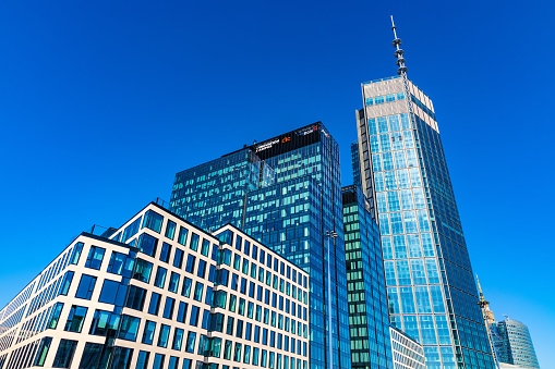 Warsaw, Poland - March 18, 2022: Varso Place Tower by HB Reavis office and hotel complex at Chmielna street in Srodmiescie business district of Warsaw city center