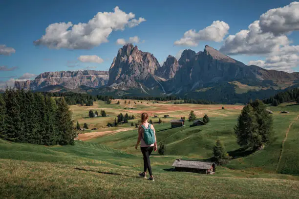 Girl hiking along meadows with wooden cabins at Alpe di Siusi during summer with view to mountains of Plattkofel and Langkofel in the Dolomite Alps in South Tyrol, Italy