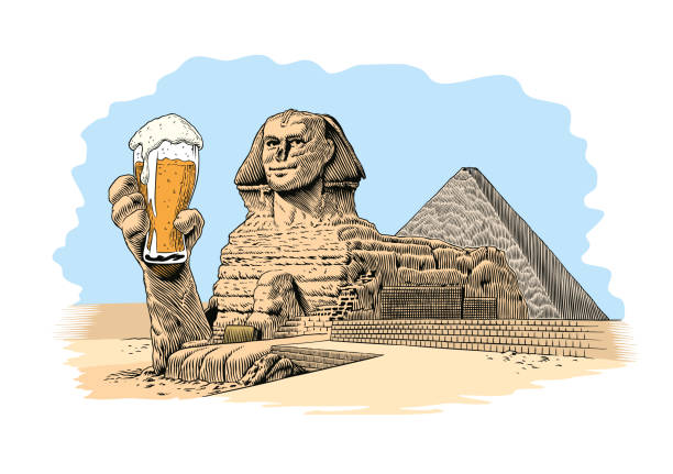 illustrations, cliparts, dessins animés et icônes de grand sphinx égyptien buvant de la bière. pyramide sur fond. illustration vectorielle de style bande dessinée. - tourist egypt pyramid pyramid shape