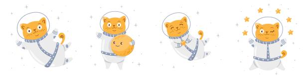 Vector set for print for children's clothing Vector set for print for children's clothing. Cute astronaut cats, moon, stars. Cat in a suit. domestic cat greece stock illustrations