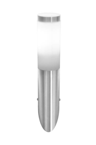 istock Sconce lantern luminaire, isolated lit inox lamp macro closeup, modern outdoor style design, mounted on wall, vertical modern silver white design mount, large detailed 1388833186