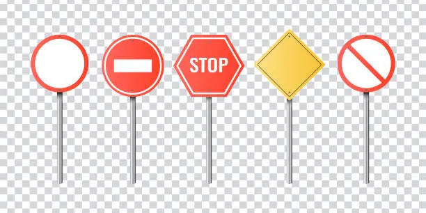 Vector illustration of Set of realistic road signs. Isolated on transparent background. Vector illustration.