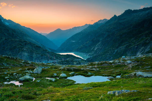 Grimsel mountain pass in Switzerland View of the beautiful mountain landscape from the Swiss mountain pass Grimselpass at sunset grimsel pass photos stock pictures, royalty-free photos & images