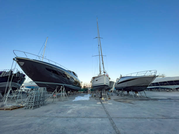 istock Yachting boats in a row at dry dock 1388845337