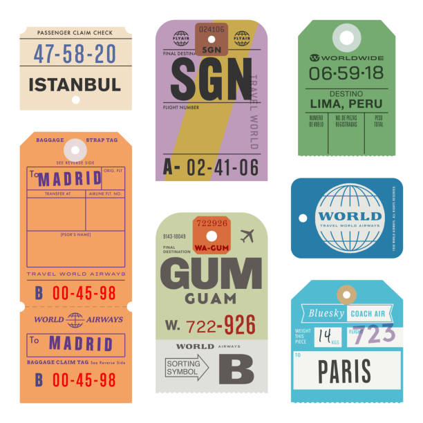 illustrazioni stock, clip art, cartoni animati e icone di tendenza di vintage world travel luggage tags - targhetta per i bagagli