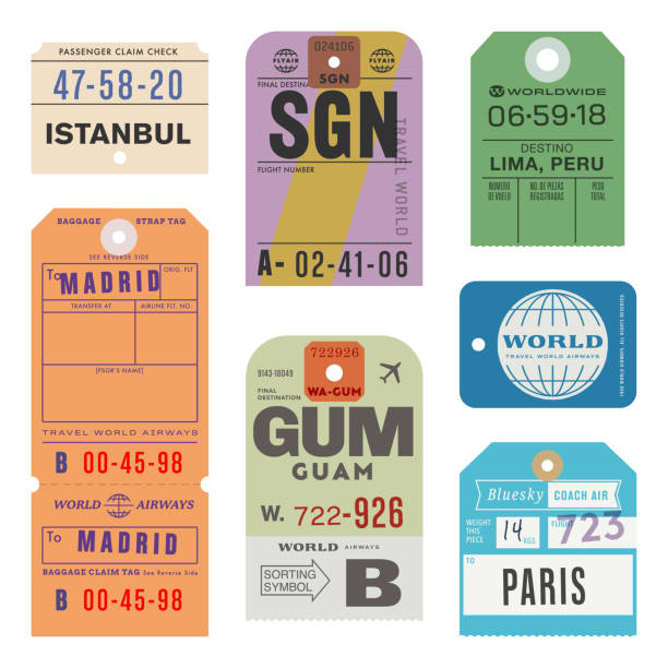 Vintage World Travel Luggage Tags Custom art inspired by vintage baggage tags. Vector assets are created at approximately actual size—and can be edited and scaled to any size. tourism logo stock illustrations