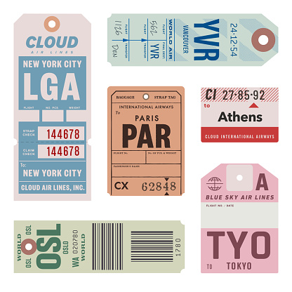 Custom art inspired by vintage baggage tags. Vector assets are created at approximately actual size—and can be edited and scaled to any size.