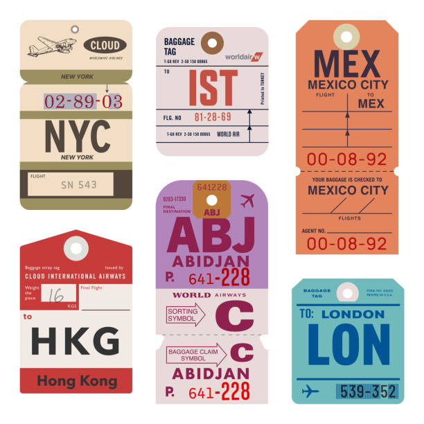 Vintage World Travel Luggage Tags Custom art inspired by vintage baggage tags. Vector assets are created at approximately actual size—and can be edited and scaled to any size. abidjan airport stock illustrations