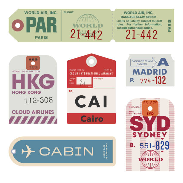 Vintage World Travel Luggage Tags Custom art inspired by vintage baggage tags. Vector assets are created at approximately actual size—and can be edited and scaled to any size. hand luggage stock illustrations