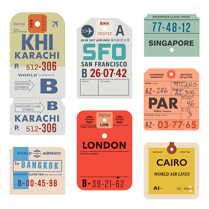 Custom art inspired by vintage baggage tags. Vector assets are created at approximately actual size—and can be edited and scaled to any size.