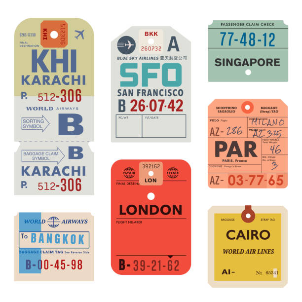 Vintage World Travel Luggage Tags Custom art inspired by vintage baggage tags. Vector assets are created at approximately actual size—and can be edited and scaled to any size. airport designs stock illustrations