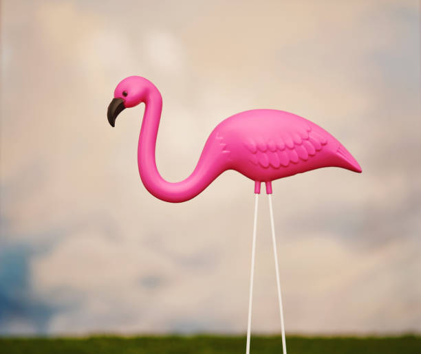 ornamento del cortile del fenicottero rosa brillante in erba con il cielo di nuvole sullo sfondo - plastic flamingo foto e immagini stock