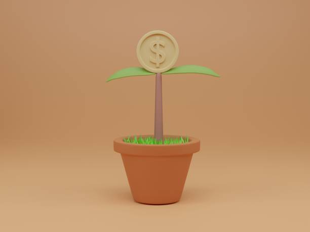 istock Seedling plant with coin flower in pot on light orange background. 1388862481