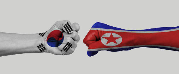 north korea vs south korea flag national painted on fist. Concept of politics, economy conflicts. stock photo
