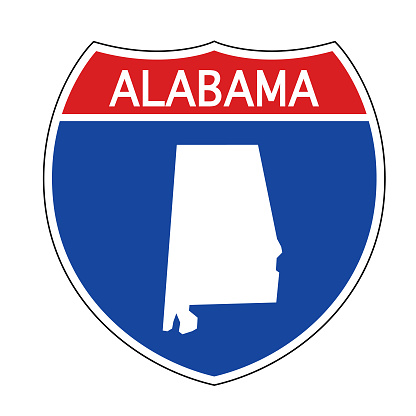 .Vector illustration of a red, white and blue Alabama map road sign.