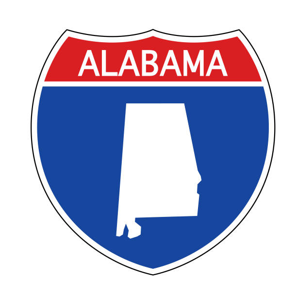 Interstate Alabama Road Sign .Vector illustration of a red, white and blue Alabama map road sign. alabama stock illustrations