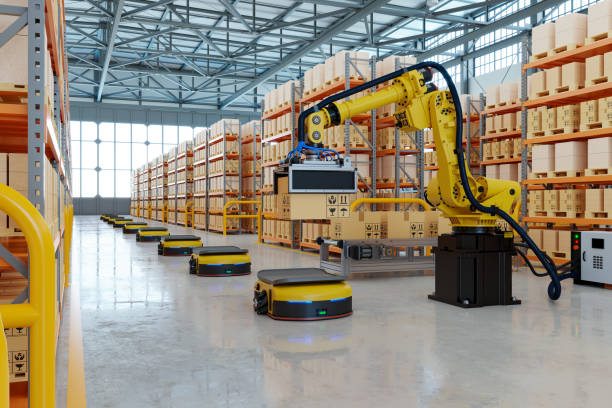 istock Robotic arm for packing with producing and maintaining logistics systems. 1388865760
