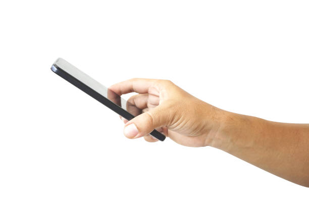 Holding the phone by upside down hand to scan. smartphone isolated on white background, clipping path