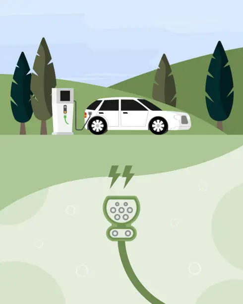 Vector illustration of ev station and tha car electric during charge with icon ccs2 plug