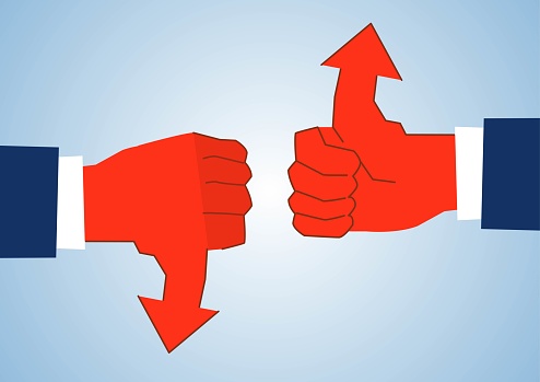 Thumbs up and thumbs down, fading arrows vs growing arrows, success and failure