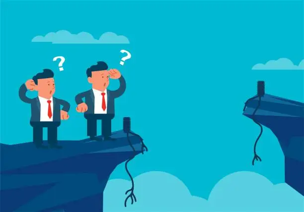 Vector illustration of The rope across the cliff is broken, businessman is standing on the edge of the cliff and meditating
