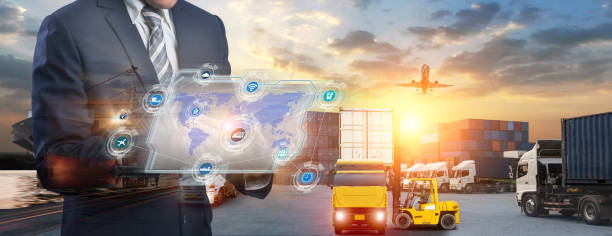 istock Smart logistics concept, Businessman holding virtual interface panel of global logistics network distribution and transportation import export and transport industry background 1388874515