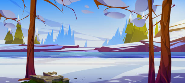 bildbanksillustrationer, clip art samt tecknat material och ikoner med winter landscape with frozen river - fjäll sjö sweden