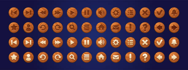 drewniane przyciski internetowe, okrągłe ikony interfejsu gry - resting interface icons push button computer key stock illustrations