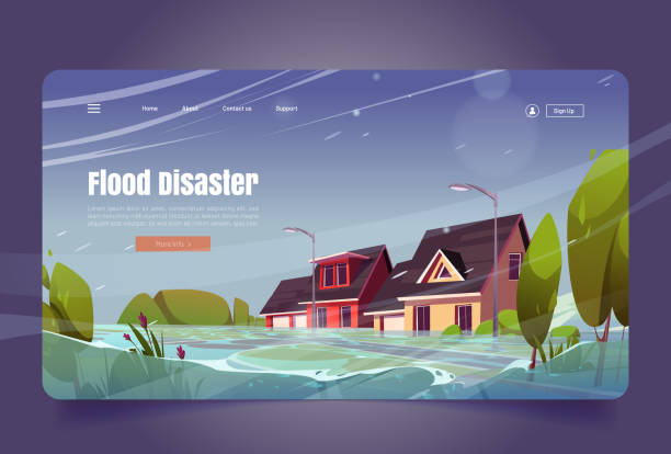 ilustraciones, imágenes clip art, dibujos animados e iconos de stock de bandera de desastre por inundación, inundación y lluvia en la ciudad - flood hurricane road damaged