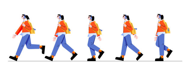 Woman walking cycle sequence for game animation Woman walk cycle sequence for creating game animation. Pictures frame with teenager girl wear headphones walking with backpack, passerby, tourist movement, Cartoon flat vector line art illustration walking animation stock illustrations