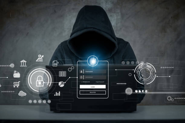 Hacker, hacker hacks network, hacker on a dark background stock photo