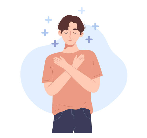 ilustraciones, imágenes clip art, dibujos animados e iconos de stock de joven abrazándose a sí mismo con símbolos positivos. concepto de amor propio, aliento, apoyo, confianza, bienestar mental, sano, abrazo, calma. - un solo hombre