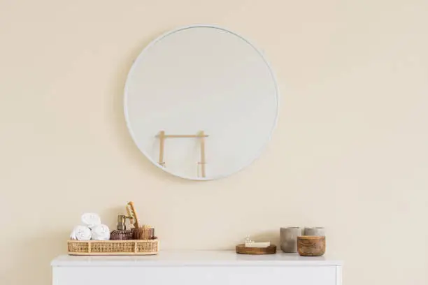 Photo of Bath accessories in modern beige tones bathromm