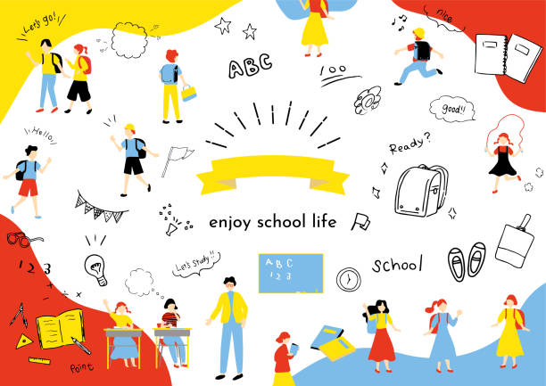 ustaw ilustrację ikon nauki i dzieci - uczeń szkoły podstawowej obrazy stock illustrations