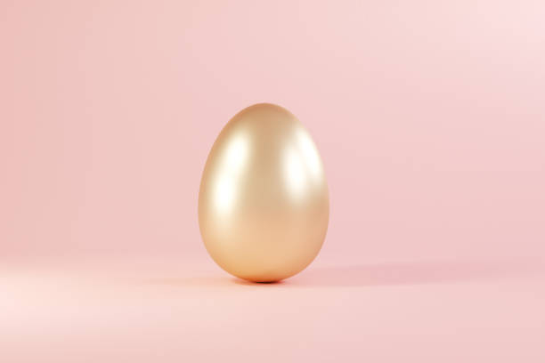 Easter golden glitter egg on pink background. Minimal easter concept. Happy Easter card with copy space for text. 3d render