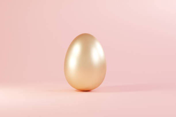 Easter golden glitter egg on pink background. Minimal easter concept. Happy Easter card with copy space for text. 3d render stock photo