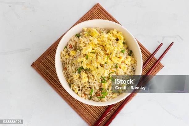 Asian Fried Rice With Fried Eggs In A Bowl Directly Above Photo Stock Photo - Download Image Now