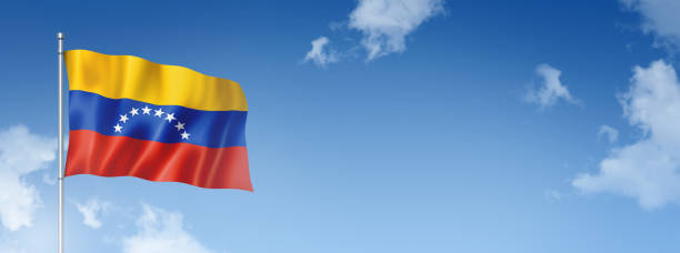 Venezuela flag, three dimensional render, isolated on a blue sky. Horizontal banner. 3D illustration