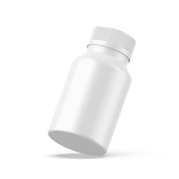 Blank white pill jar mockup template, matte medicine bottle for capsules and tablets on isolated white background, 3d illustration stock photo