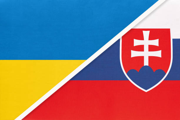 Ukraine and Slovakia, symbol of country. Ukrainian vs Slovak national flags. Ukraine and Slovakia, symbol of country. Ukrainian vs Slovak national flags. Relationship and partnership between two countries. slovak language stock illustrations