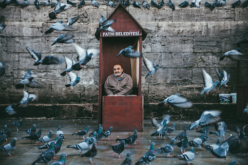 Istanbul, Turkey- January 6th, 2022: A senior turkish man feeding pigeons at Yeni Square in Istanbul, which is one the most popular activities among locals during weekends.