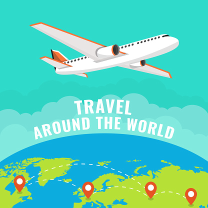 Flying Plane. The path Plane. Flying around the world. Flat vector illustration.