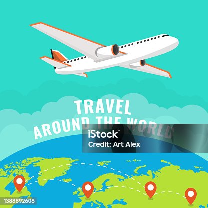 istock Flying Plane. The path Plane. Flying around the world. Flat vector illustration. 1388892608