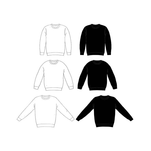 ilustrações de stock, clip art, desenhos animados e ícones de hand drawn vector illustration of blank t-shirt long sleeve set on white background. white and black knit jumper sweater shirt template. mock up.pullover. - long sleeved shirt blank black