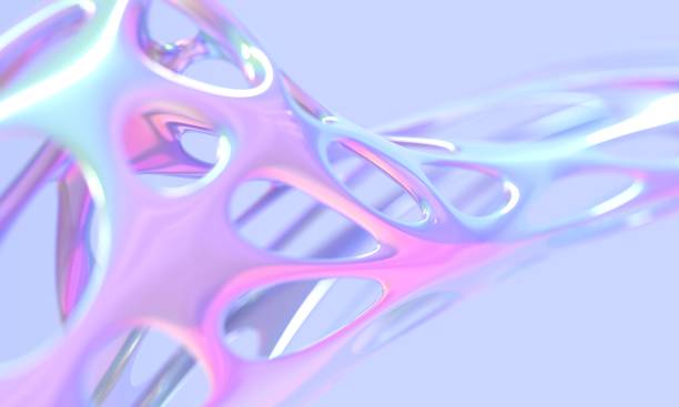 3D holographic background with abstract metal shapes, chromatic hollow macro objects with holes, futuristic design element with gradient pearlescent texture. Iridescent modern wallpaper, 3D render.