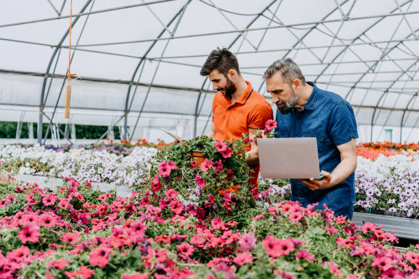 istock Greenhouse owner examining flowers and using laptop and  touchpad at work. 1388894864