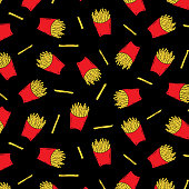 istock Hand drawn vector illustration of french fried potatoes in red paper box pattern on black background.Fast food. 1388895907