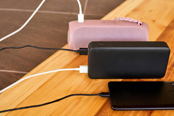 istock Powerbank charges smartphone and portable speaker using usb. Close-up, selective focus 1388896073