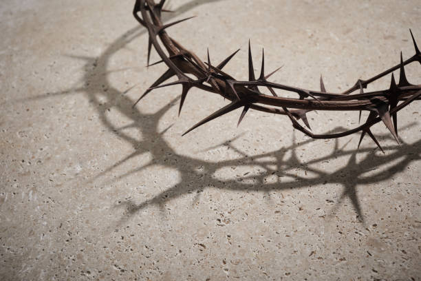 부활절 개념. 돌 배경에 가시의 왕관. - easter crown of thorns forgiveness savior 뉴스 사진 이미지