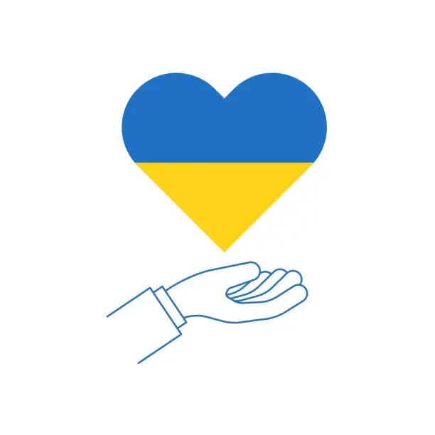 Vector illustration of A hand holds a heart in the colors of the flag of Ukraine. The concept of peace in Ukraine